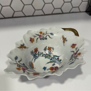 vintage Haviland Limoges leaf-shaped bowl gold quail